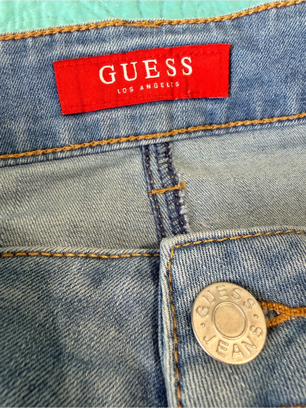 {GUESS} Light Blue Wash Distressed Denim Mini Skirt - Front High Waisted Buttons - Picture 14 of 14